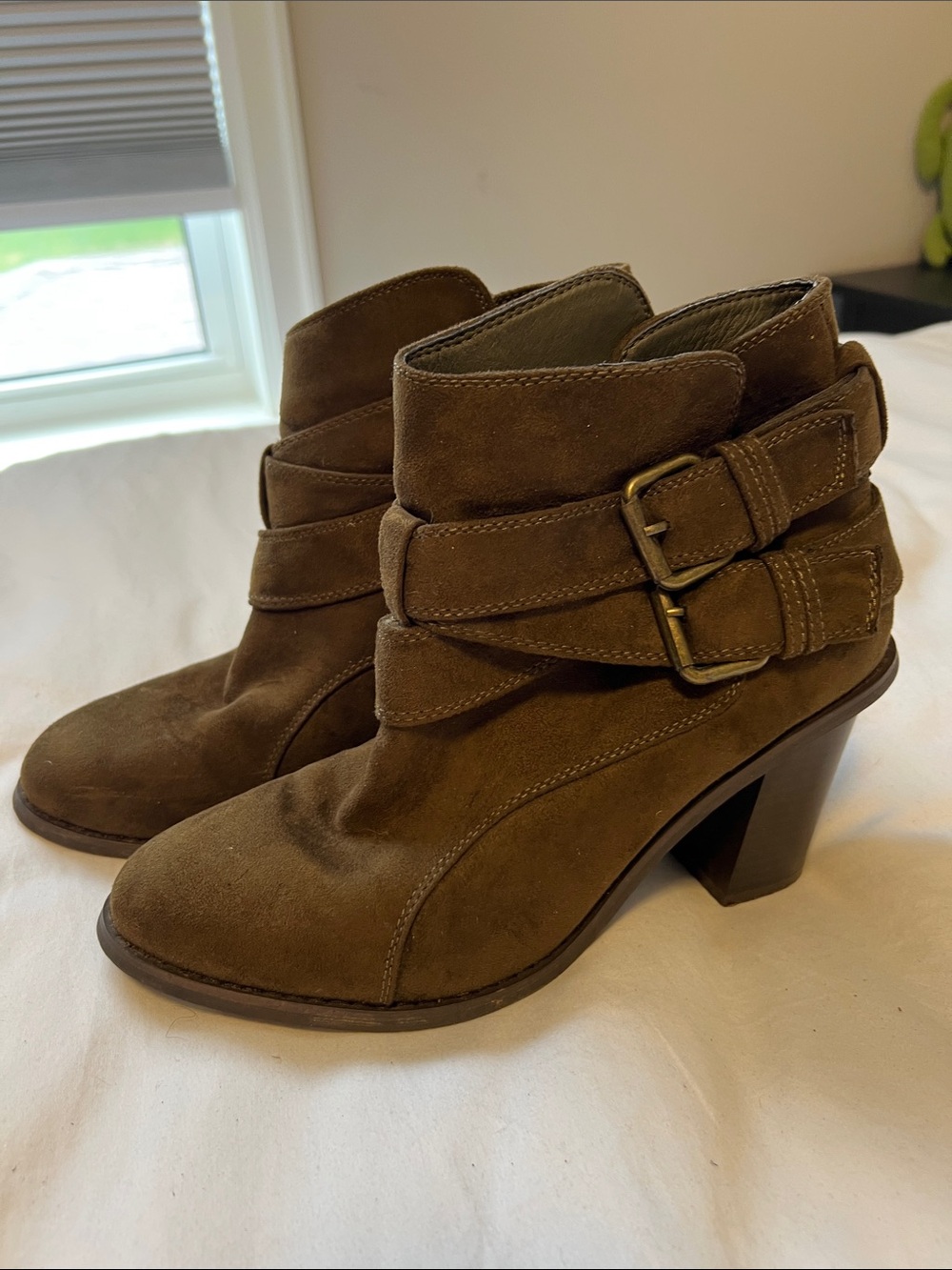 Women’s Brown Suede Heeled Ankle Boots with Buckle Straps
